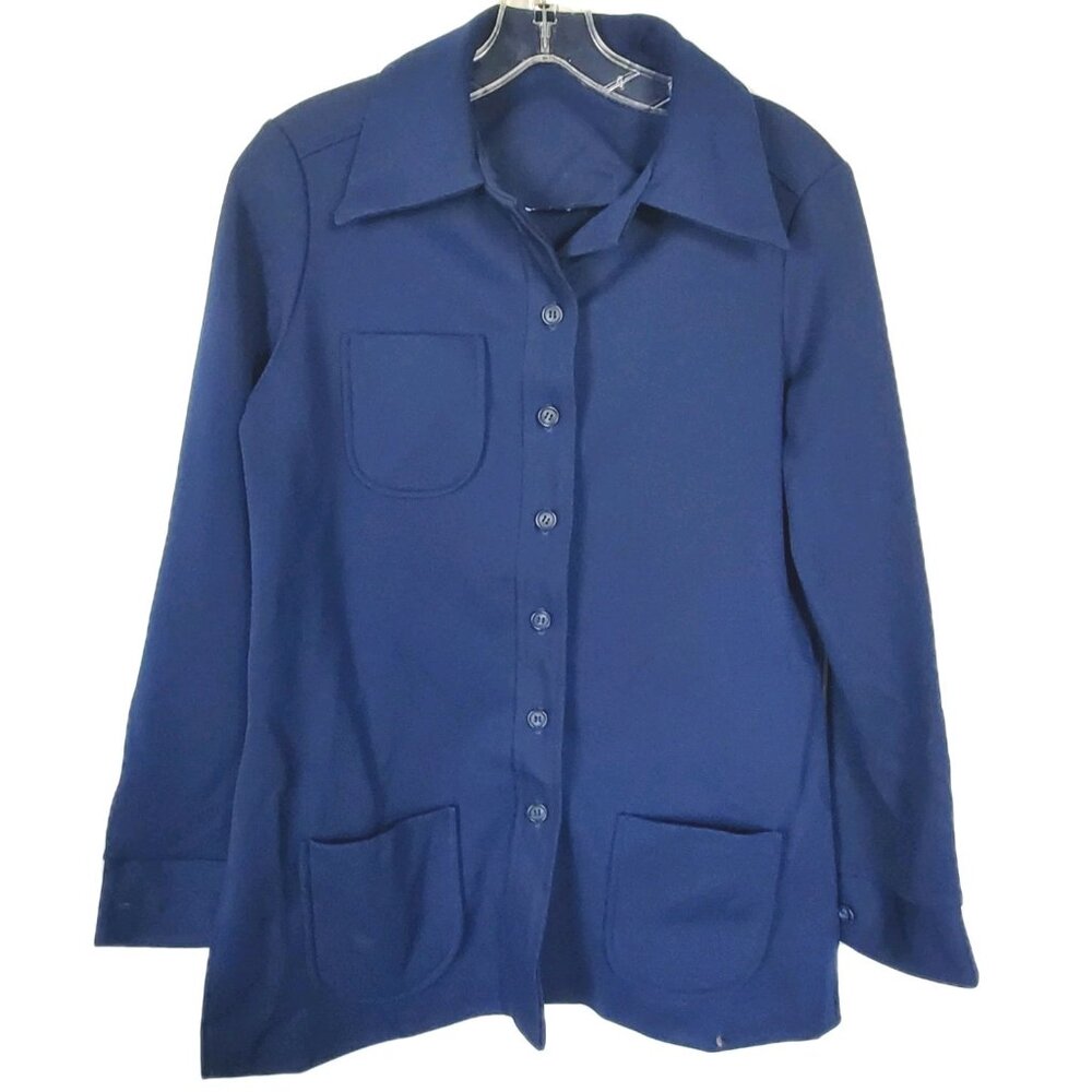 Vintage 70s Navy Blue Knit Shacket Jacket Womens Medium Retro Mod Pocket Shirt